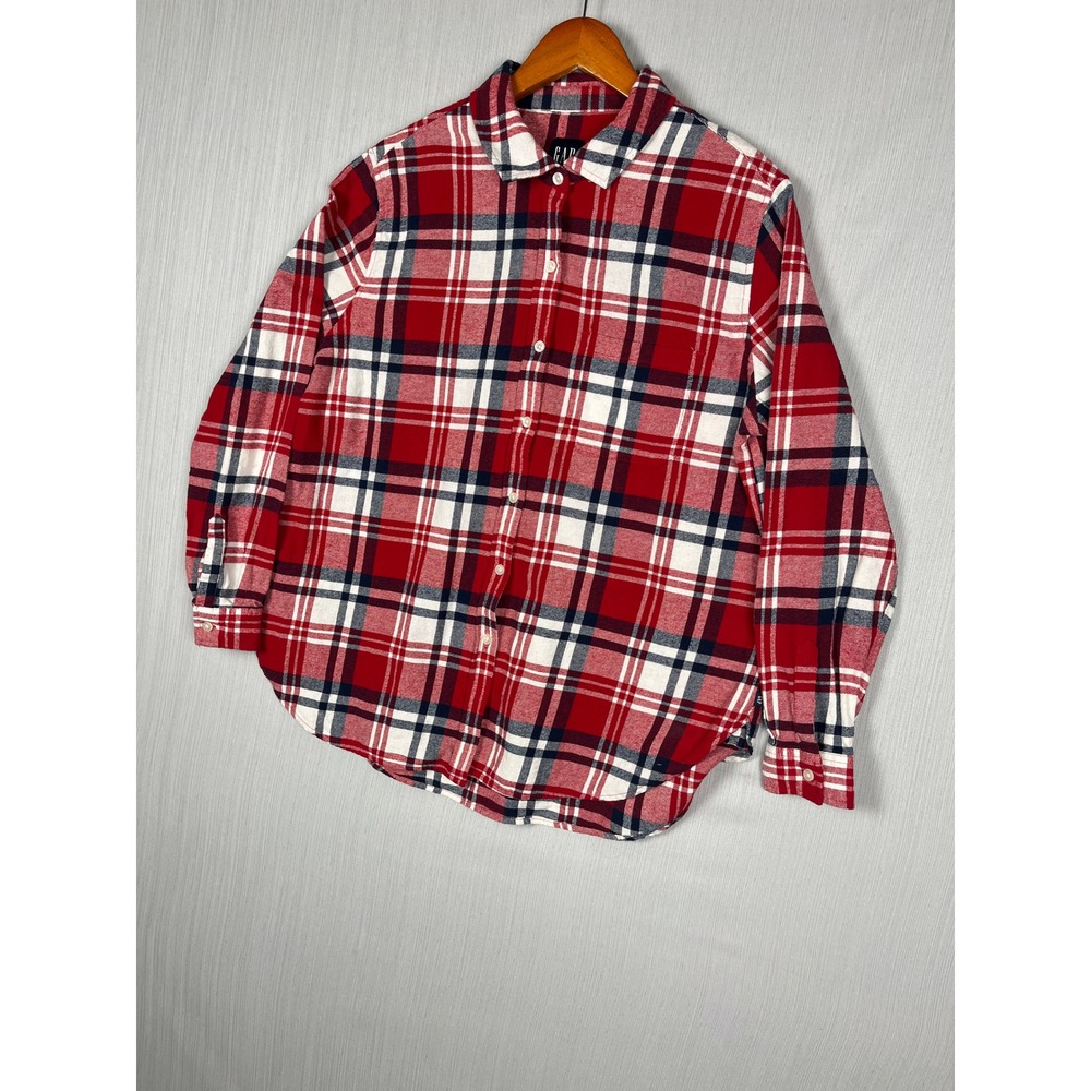 GAP Button Down Womens‎ L Red Plaid Flannel Shirt Long Sleeve Cotton Americana